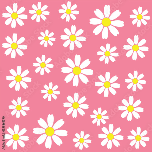 Seamless Pattern Of White Daisy Flowers With Yellow Centers On Pink Background