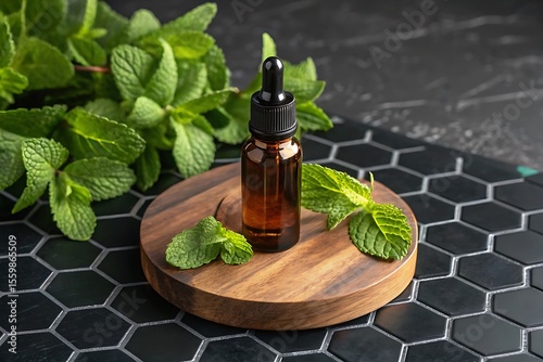 Mint Essential Oil Displayed on Wooden Stand with Fresh Mint Leaves and Dark Hexagon Tile Background for Aromatherapy and Wellness