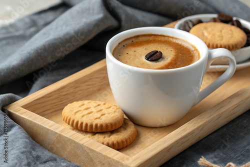 Elegant Coffee Presentation with Cookies on a Wooden Tray and a Gray Cloth Background for a Cozy Morning