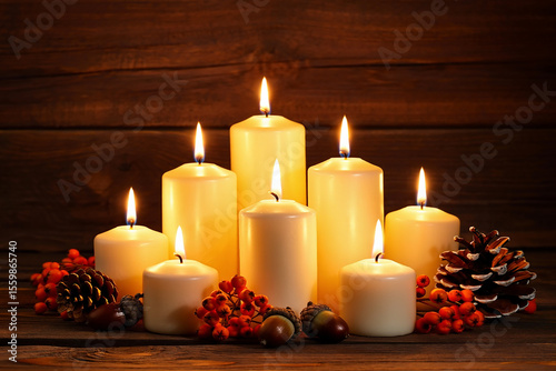 Warm glow of autumn candles burning flames