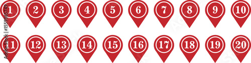 Red Location Pin Number Markers Set from 1 to 20