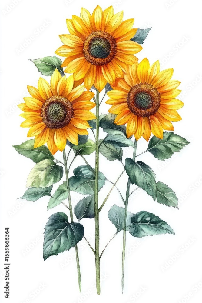 Naklejka premium Three sunflowers with vibrant yellow petals and green leaves
