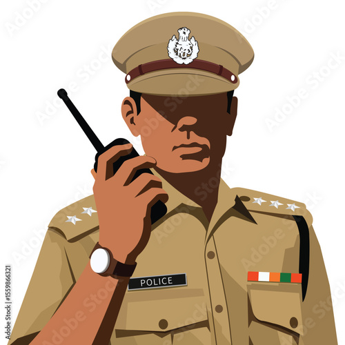 Illustration of an Indian police officer in khaki uniform with walkie-talkie. Neutral expression, detailed insignia, plain white background. Professional and authoritative posture.
