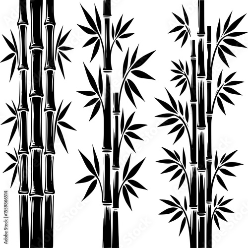 Black Bamboo Stalks: A striking minimalist depiction of several sleek, black bamboo stalks with their elegant leaves gracefully reaching skyward, creating a sense of tranquility.