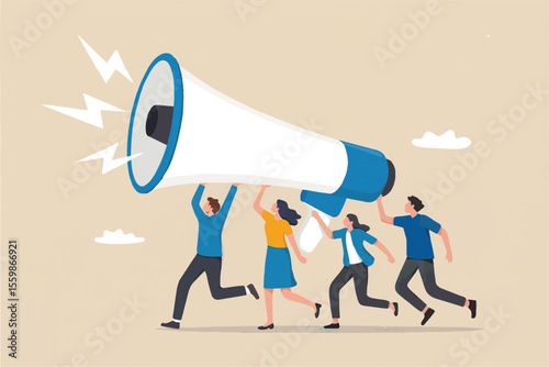 Group of people carrying a giant megaphone isolated on transparent background
