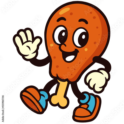 simple drawing of a crispy chicken leg with facial features, expressing joy while taking a step