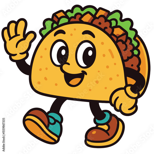 cartoon taco with a yellow shell and green and brown fillings, happily walking and waving