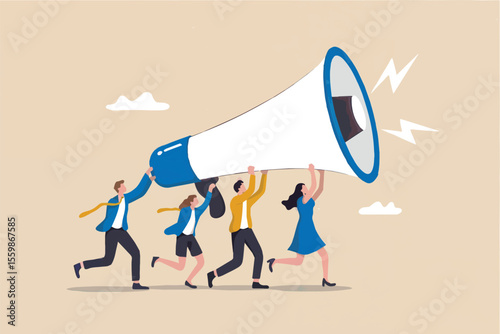 Group of people carrying a giant megaphone isolated on transparent background