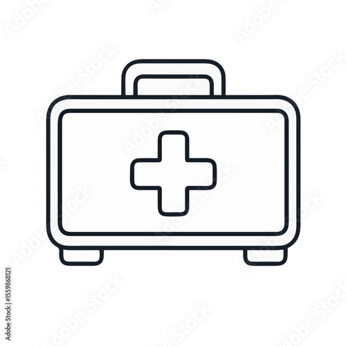 Minimalist black and white first aid kit icon on plain background, safety