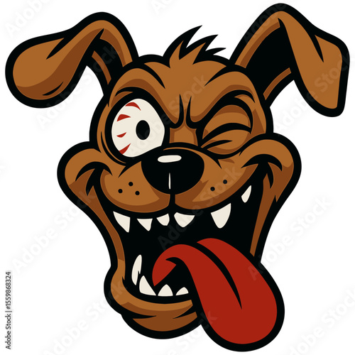mischievous brown cartoon dog's head with one eye wide open and bloodshot