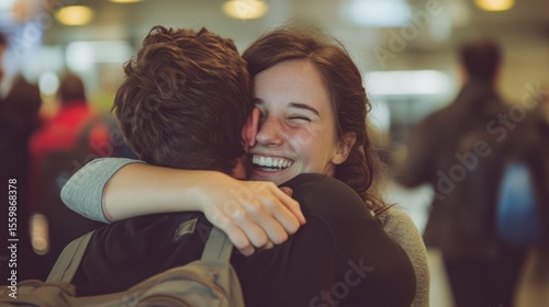 Airport reunion hug, joyful couple embracing amidst travelers