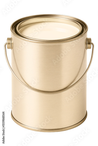 Metal paint can with open lid reveals glossy light beige paint inside on a transparent background