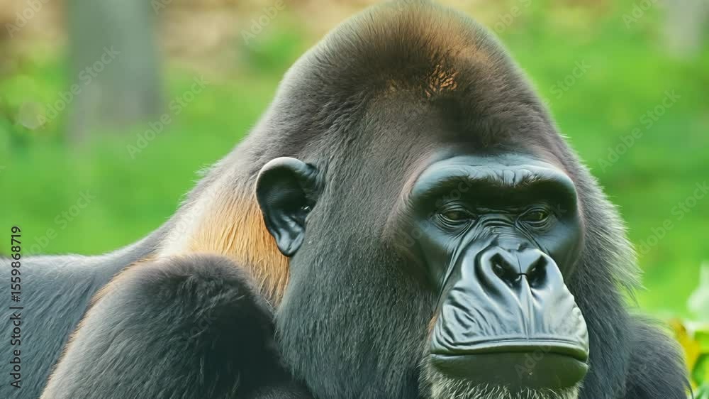 A powerful portrait of an endangered Western lowland gorilla, its black, hairy face and thoughtful eyes reflecting the wild nature of this great ape beast of the Congo jungle