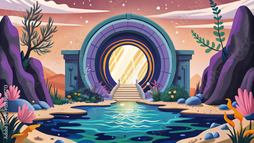 magical portal to another world located at the bottom of the sea cartoon vector, glowing with mystical light in an underwater setting