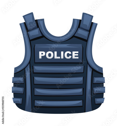 Police bulletproof vest, a protective garment worn by officers for safety during dangerous situations. Vector cartoon illustration