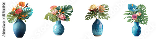 Wallpaper Mural Tropical Flower Arrangements in Blue Vases: Watercolor Style Torontodigital.ca