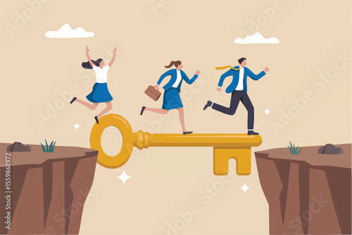 Business people crossing a gap on a giant key isolated on transparent background