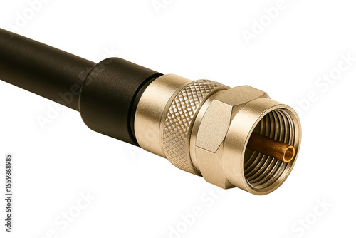 Close up of a coaxial cable with a metal screw on connector on a transparent background