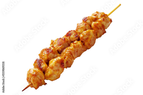 Grilled chicken Satay skewer with a golden brown glaze, isolated on white transparent background, concept of tasty street food