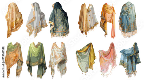Elegant shawl and scarf illustration set in soft flowing fabrics and intricate embroidery, perfect for fashion, traditional wear, and textile design visuals.

