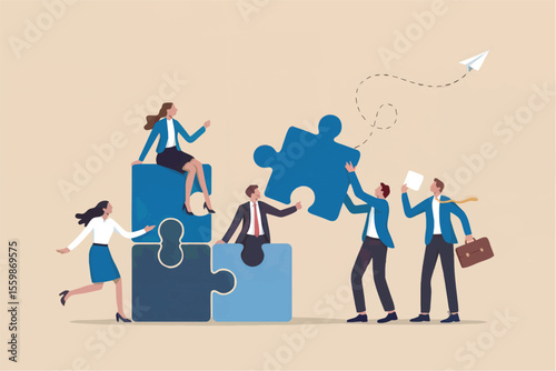 Business team assembling a puzzle isolated on transparent background