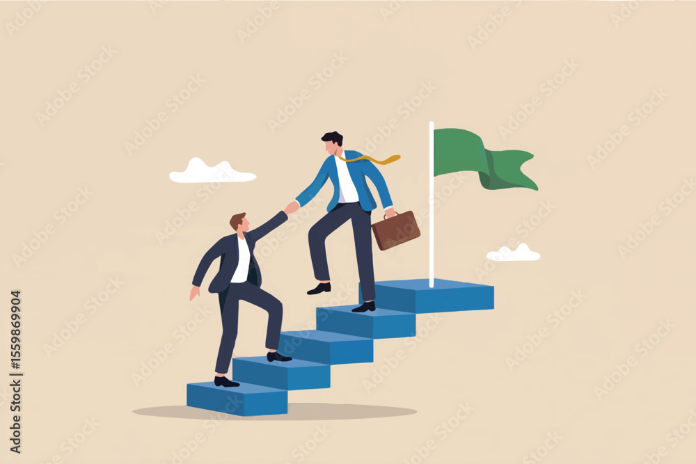Fototapeta premium Two businessmen helping each other climb stairs towards a flag isolated on transparent background