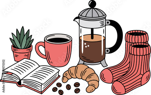  A cozy still life arrangement invites warmth and relaxation, featuring a steaming cup of coffee, a French press, and a freshly baked croissant. 