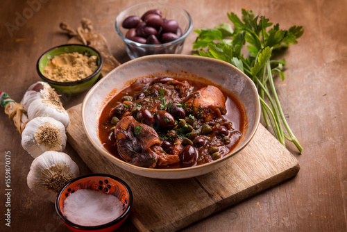 stewed polyps with tomato sauce black olives capers and parsley