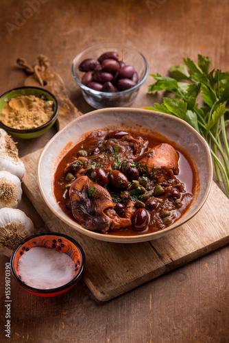 stewed polyps with tomato sauce black olives capers and parsley