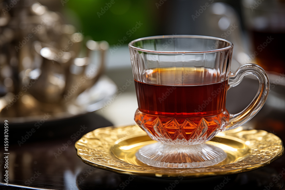 A clear tea cup filled with dark tea on a golden saucer with tea pot behind A clear tea cup filled with dark tea on a golden saucer with tea pot behind
