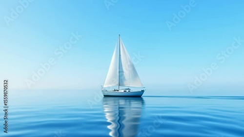 A sailboat glides silently across tranquil waters, surrounded by a vast blue sky