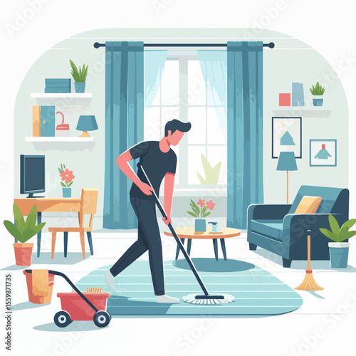 A man is mopping the floor in a bright, modern living room with blue curtains and furniture.