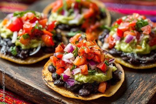 Tostadas Appetizer: A close-up shot of colorful Mexican tostadas, each loaded with black beans, fresh guacamole, diced tomatoes, red onion, all arranged appetizingly on a wooden serving board.