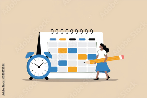 Flat cartoon vector illustration of a woman planning with a calendar and pencil isolated on transparent background