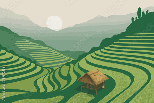  A stunning, vibrant landscape of lush green rice terraces unfolds under a soft, diffused sun, with a charming, small hut nestled amidst the fields