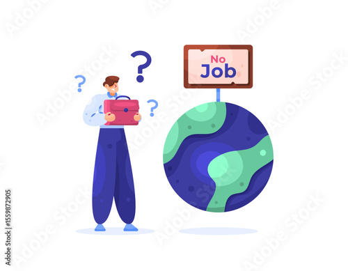 a concept of no job vacancies. illustration of a man being confused because there are no open job vacancies. difficulty in applying for a job. earth with people. flat style design. asset elements