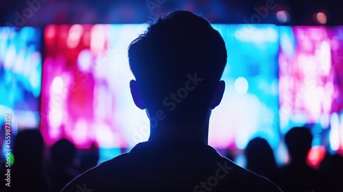 Concertgoer silhouetted, watching vibrant stage show