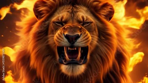 Fierce lion roaring in a dramatic fire backdrop with vibrant flames illuminating its magnificent mane