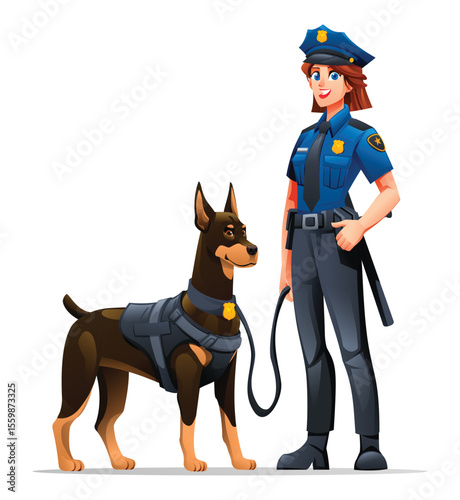 Female police officer and her Doberman K9 partner standing together, symbolizing their strong partnership. Vector cartoon illustration