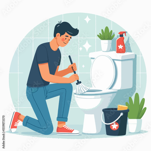 A man is kneeling and cleaning a toilet with a brush in a bright, clean bathroom.