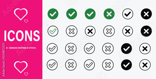 Check and Cross Icons in Various Styles and Colors for Web Design
