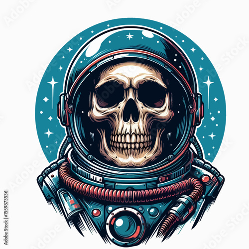 A detailed illustration of a skull wearing an astronaut helmet, set against a starry background.