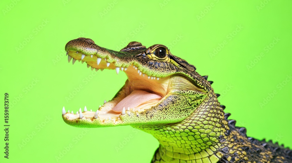 Fototapeta premium Young alligator, open mouth, green screen, studio shot, wildlife