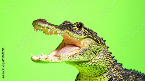 Young alligator, open mouth, green screen, studio shot, wildlife