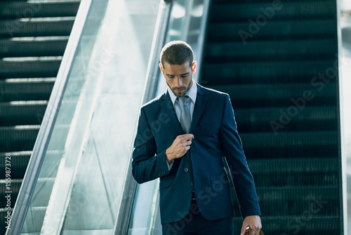 Man descending escalator inside glass and metal lobby adjusting suit lapel and tie under lighting