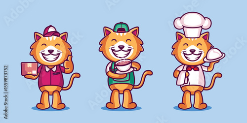 Three smiling cats in uniform delivery barista and chef on a light blue background