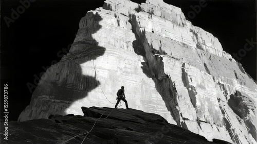 A lone climber ascends a steep, shadowed rock face under dramatic lighting.