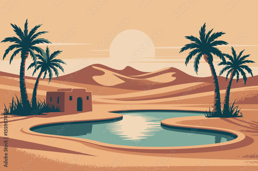Obraz premium An enchanting desert oasis scene unfolds under the warm glow of a setting sun, featuring a tranquil pool of water surrounded by towering palm trees.