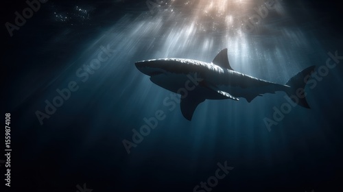 Majestic Great White Shark Silhouetted Against Sunbeams Piercing Deep Ocean Darkness