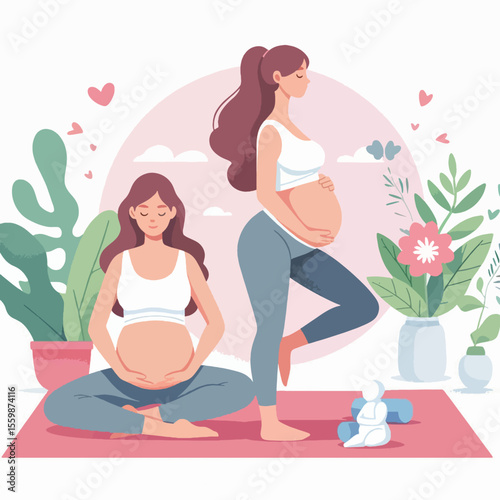 Two pregnant women practicing yoga and meditation in a serene, plant-filled room, symbolizing health and well-being during pregnancy.